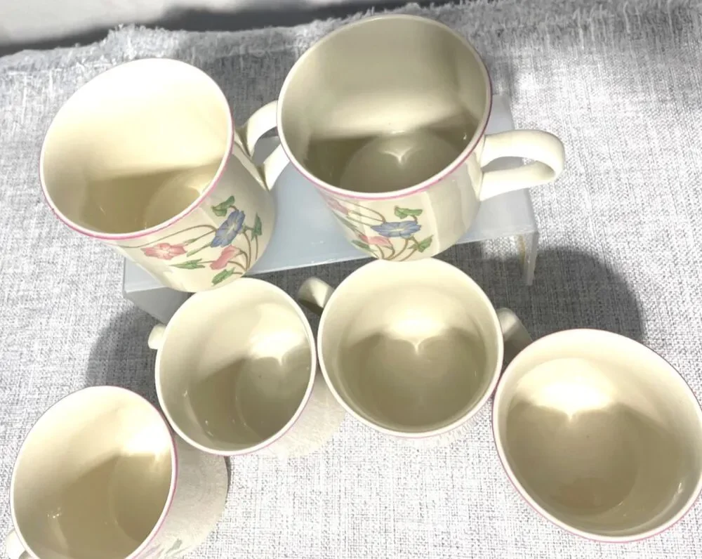 STONE WARE PRIMAVERA 8495 VINTAGE Pingk & Blue Floral‎ COFFEE MUGS SET/6 cups